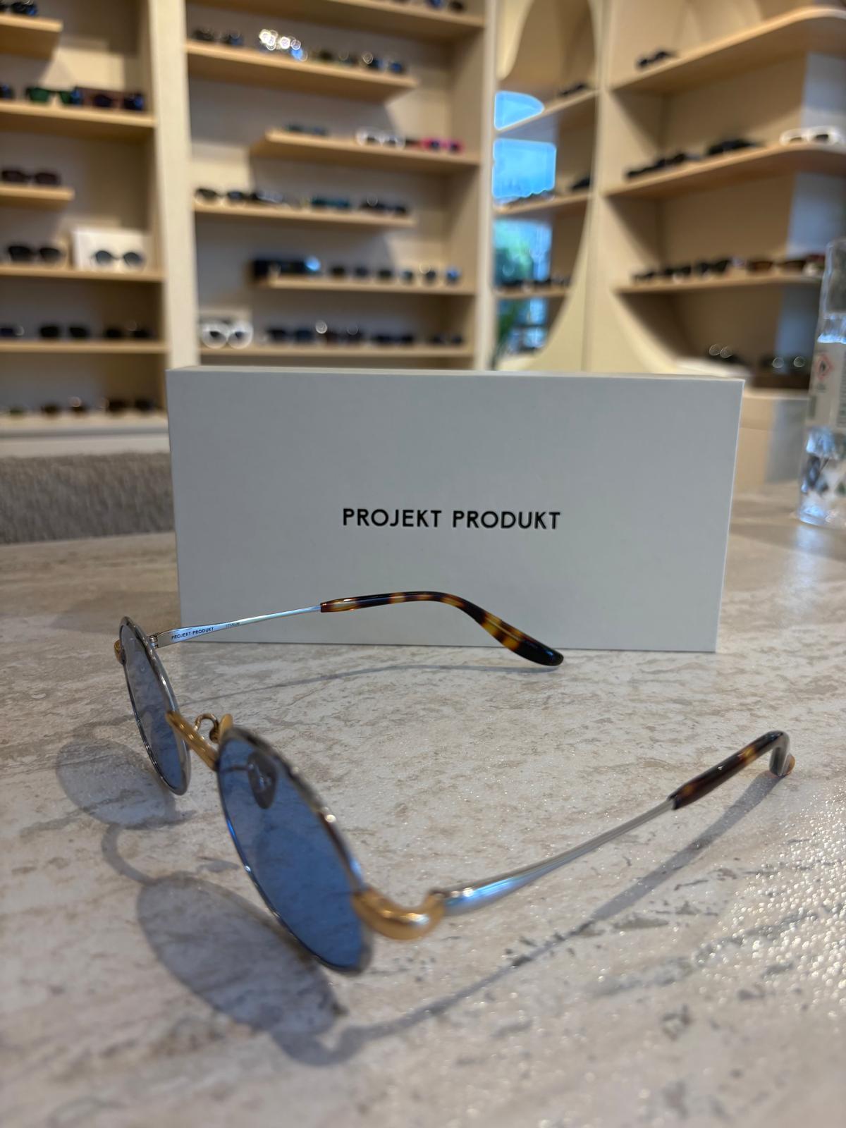 Projekt Produkt P11 CWG – Altın Detaylı Mavi Cam Yuvarlak Güneş Gözlüğü (50 mm)