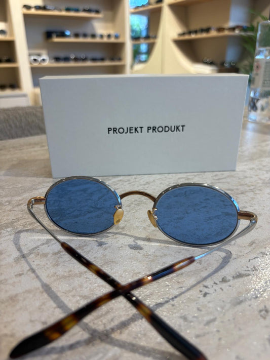 Projekt Produkt P11 CWG – Altın Detaylı Mavi Cam Yuvarlak Güneş Gözlüğü (50 mm)